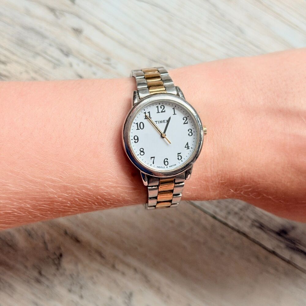 Timex Indiglo 30mm Two Tone Gold Silver Watch White Dial Arabic Numerals Classic